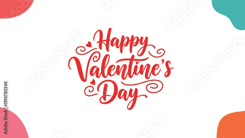 Modern Happy Valentine's Day greeting in red cursive text with abstract colorful shapes in the four corners.