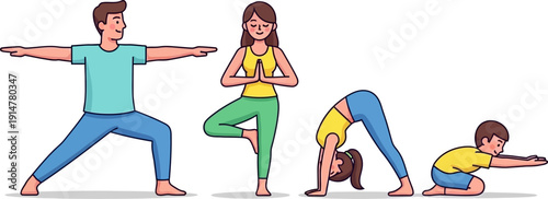 Family practicing yoga together at home.