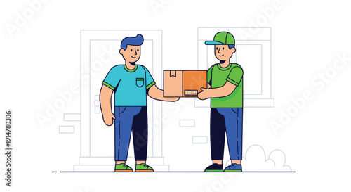 Two delivery men exchanging a cardboard box in front of a house, vector illustration