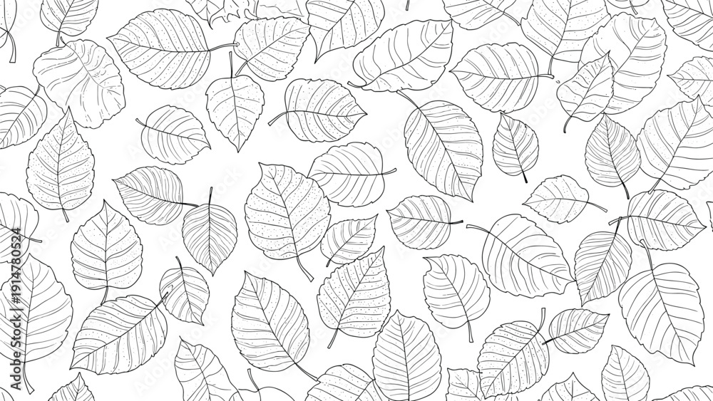 Fototapeta premium Seamless pattern with black and white hand drawn leaves of various sizes and orientations on a clean white background.