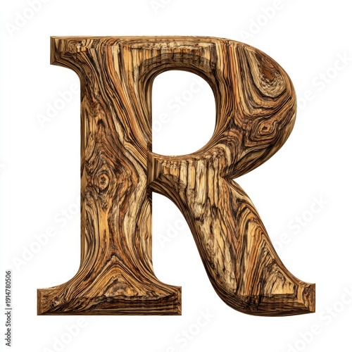 Rustic Uppercase letter R carved out of wood grain texture lovely for farmhouse style or handcrafted goods isolated on pure white background