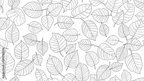 Seamless pattern with black and white hand drawn leaves of various sizes and orientations on a clean white background.