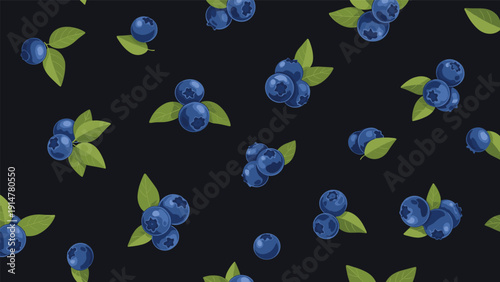 Seamless pattern of ripe blueberries with green leaves scattered across a dark black background for a berry theme.