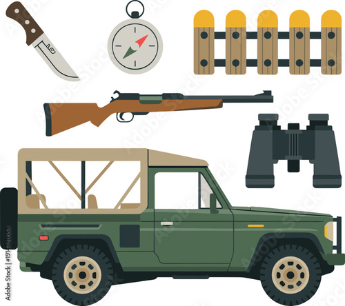 Hunting equipment and offroad vehicle vector illustration isolated, rifle binoculars compass knife gear collection, safari transport set illustration
