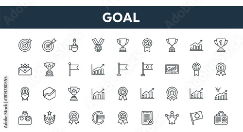 Collection of goal oriented line icons representing achievement and success