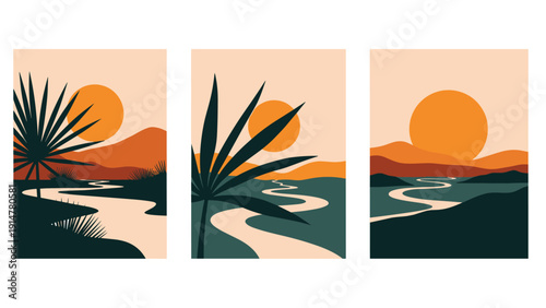 Set of three vertical posters showing a minimalist landscape with orange sun, brown mountains, and green plants.