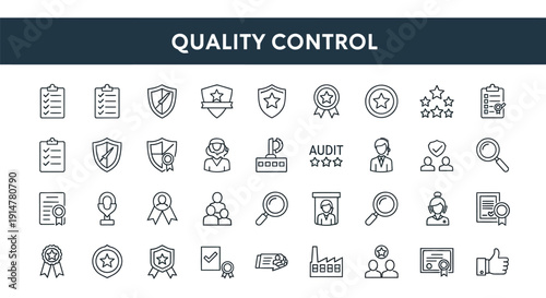 Quality control icon set displaying various inspection and management symbols