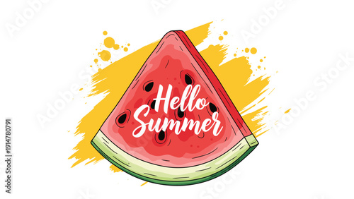 Hello Summer text on a juicy watermelon slice with a bright yellow paint splash background for holiday themes.