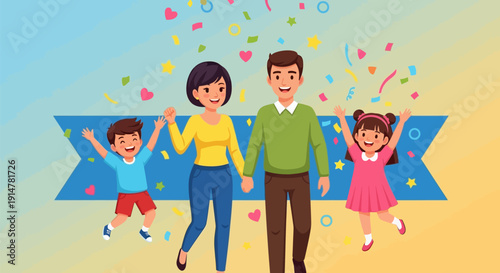 Happy family with children jumping and celebrating together.