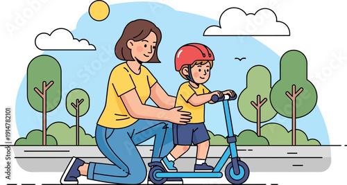 Mother teaching child to ride a scooter in a park on a sunny day.