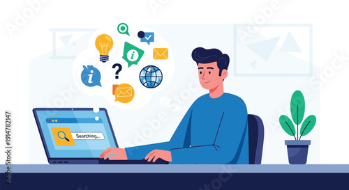 Man sitting at desk with laptop and potted plant, surrounded by social media icons and symbols, vector illustration