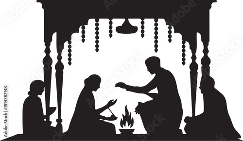 Silhouette of people performing ritual around fire under decorated canopy
