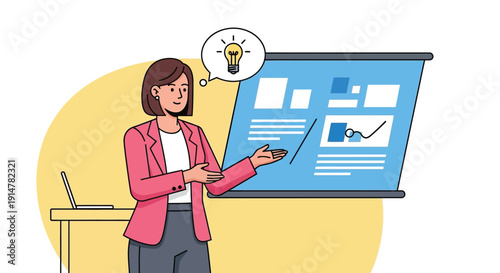 A woman in a pink blazer presenting on a blue projector screen with a lightbulb thought bubble isolated on white background