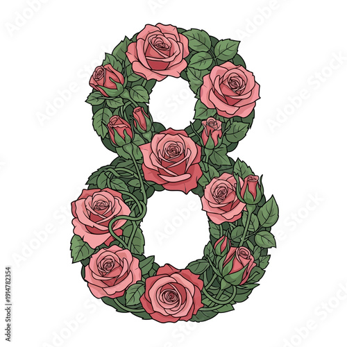 Number eight made of pink roses and green leaves on white background floral numeral 8 decoration