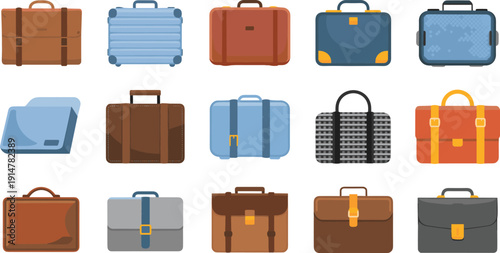 Suitcase luggage bags vector collection, travel briefcase handbag and baggage icon set, illustration vector, isolated background design template