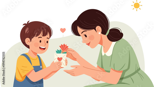Mother and child sharing a tender moment with a paper heart.
