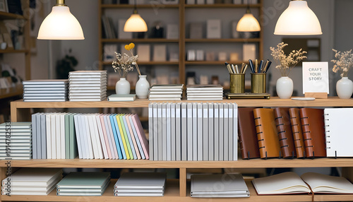 Wooden shelves in a cozy stationery store, pastel colors, and a display of notebooks and writing supplies