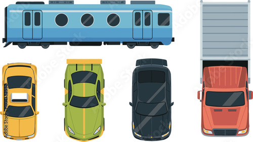 Transportation vehicles vector illustration set, train car truck collection, top view transport icons, isolated background design logistics concept
