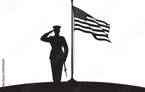 Silhouette of soldier saluting American flag black and white