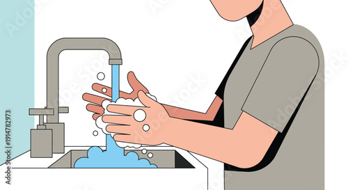 Person washing hands under running water from a faucet in a sink
