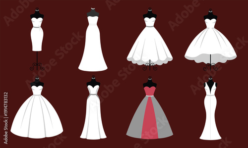 Wedding dress vector collection, elegant bridal gown silhouettes set, fashion mannequin illustration isolated white template design
