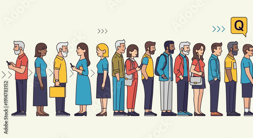 Diverse group of people standing in a queue, viewed from the side, with a question mark symbol above them, illustrated in a modern flat vector style