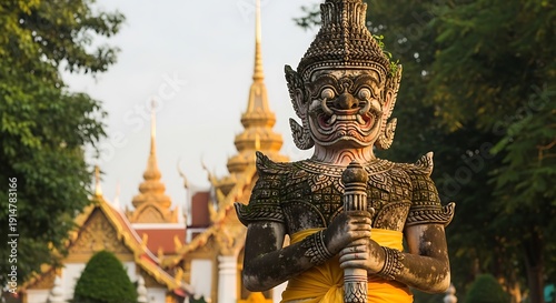 Ancient guardian statue with golden spire architecture outdoors