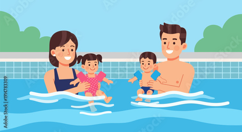 Happy family enjoying a fun day at the swimming pool together.
