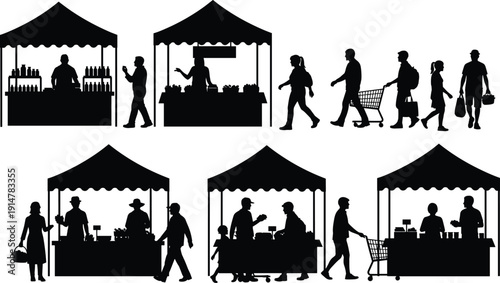 Street market silhouettes vector set, people shopping at stalls, farmers market vendors, customers with carts, outdoor fair, retail, isolated,