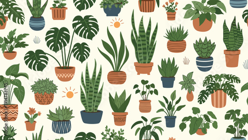 Seamless pattern of various indoor potted house plants, succulents, and cacti on a light beige background for home decor.