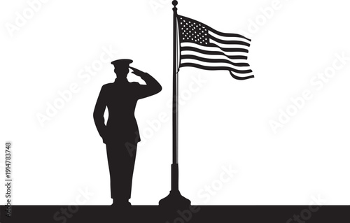 Silhouette of soldier saluting American flag patriotic