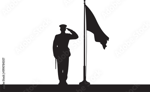 Silhouette of soldier saluting black flag on pole flagpole