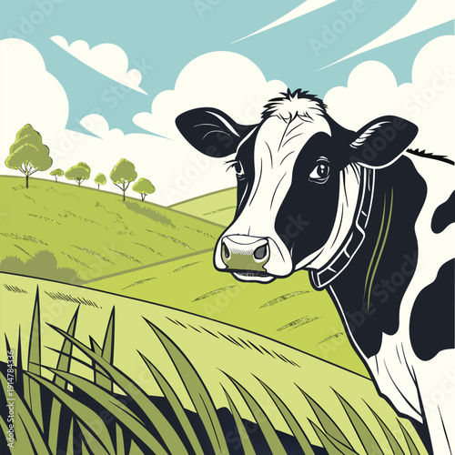 Black and White Cow Up Close Grazing in an English Meadow stock photo