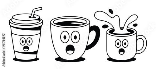 Cartoon Coffee Mugs with Blue Outlines and Expressive Faces on White Background. Fun cartoon coffee cups with surprised faces. 