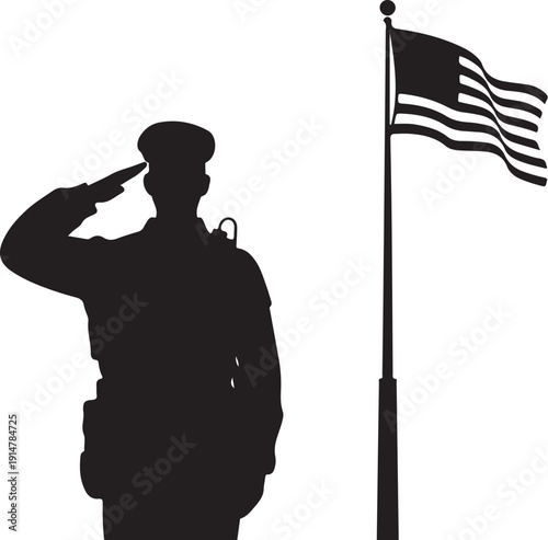 Silhouette of soldier saluting next to American flag