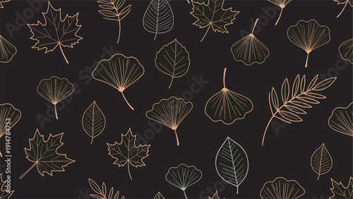 Elegant seamless pattern of various autumn leaf line drawings in a golden tan color on a dark black background.