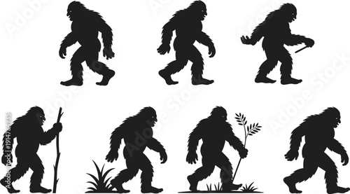 Set of Bigfoot Sasquatch Silhouettes Walking with Stick and Branch Isolated on White Background Vector Illustration Collection Mythical Forest Creature