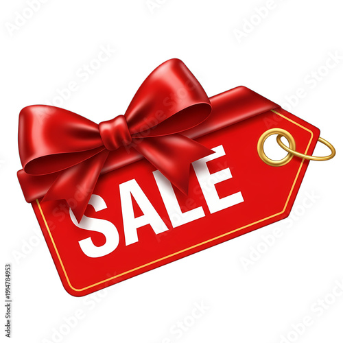 Red gift tag with SALE text and gold bow isolated on transparent background