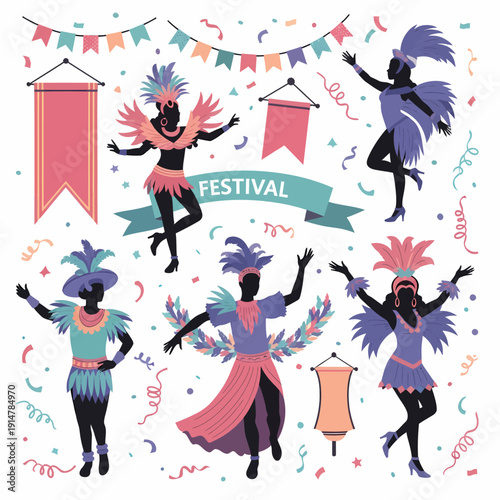 Silhouettes of carnival dancers in vibrant costumes with feathers and headwear, surrounded by festive banners, flags, and confetti, celebrating a festival.