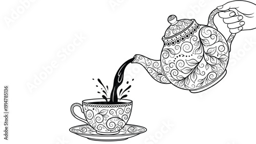 Detailed line drawing of a hand holding a decorative teapot and pouring tea into a matching cup with splashes.