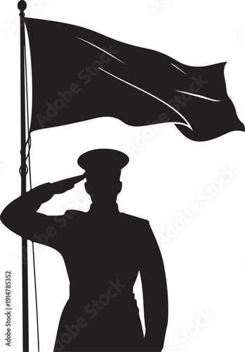 Silhouette of soldier saluting next to black flag salute