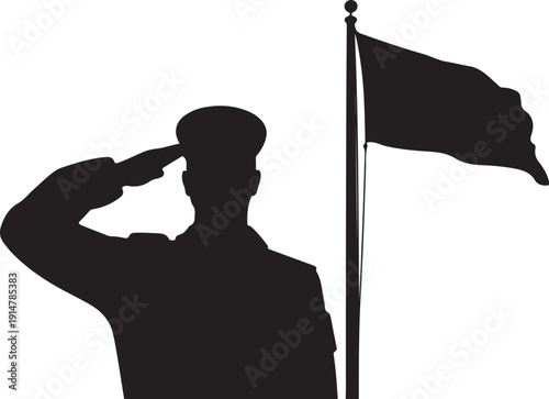 Silhouette of soldier saluting next to black flag salute