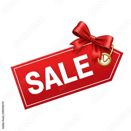 Red sale tag with bow isolated on transparent background