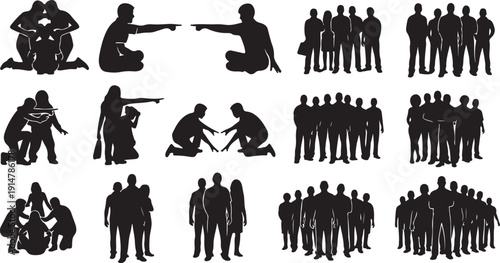 Silhouettes of people in various poses and group settings