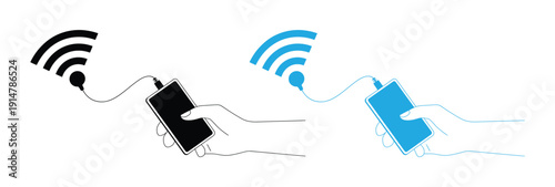 Wired connection for smartphone to a wireless signal for internet access and data transfer. Hands holding smartphones with WiFi signals connecting. 