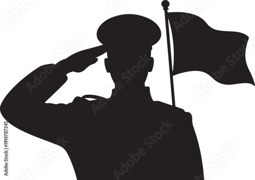 Silhouette of Soldier Saluting with Black Flag military