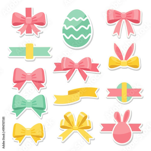 Photography Easter Decorations Sticker Set: Cute Flat Design Bows, Ribbon Banners, Pastel Eggs, and Bunny Elements for Spring Holiday Graphics
