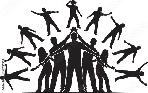 Diverse group of people in various poses and movements together