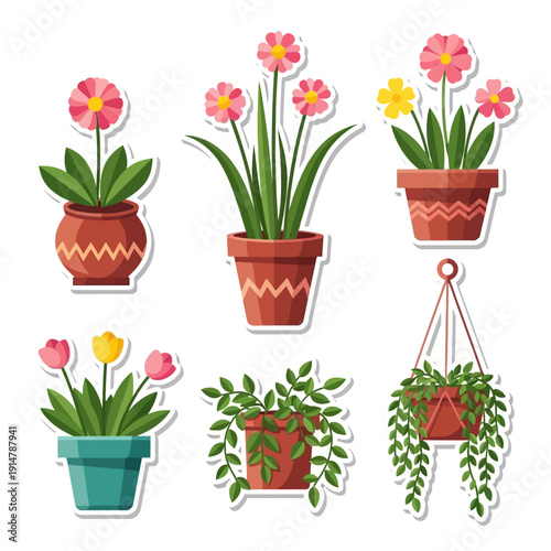 Cute Potted Plants Sticker Set. Vector Collection of Colorful Houseplants, Indoor Flowers, Hanging Ivy, and Tulips in Flat Design Style Icons.