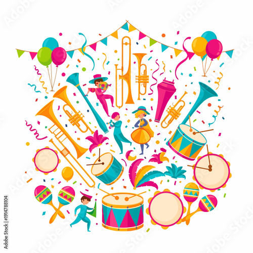 A vibrant and festive illustration of a musical carnival celebration with various instruments, confetti, balloons, and dancing figures.
